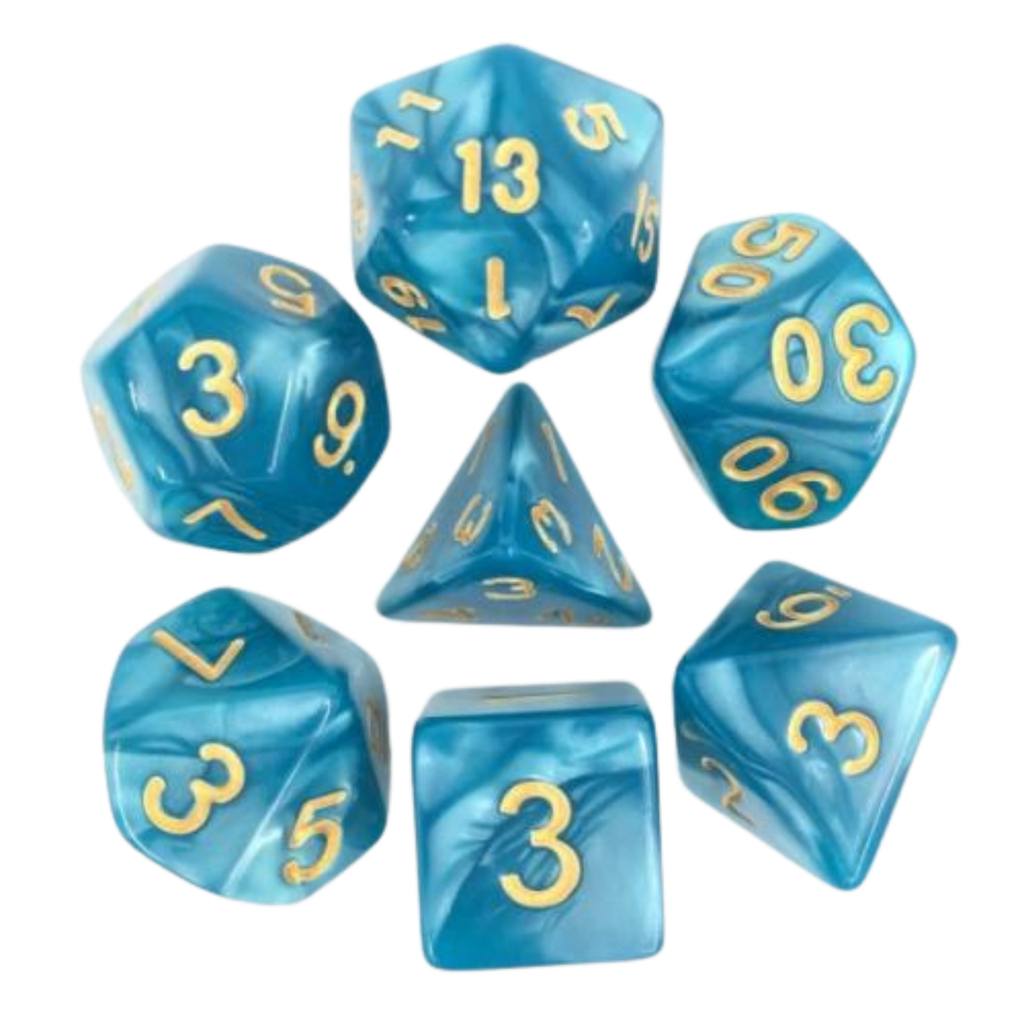 Lot de 7 Dés – 16mm- Bleu nacré et or