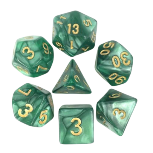 [608869e] Lot de 7 Dés – 16mm- Vert nacré et or