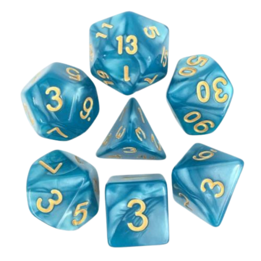 [608869d] Lot de 7 Dés – 16mm- Bleu nacré et or