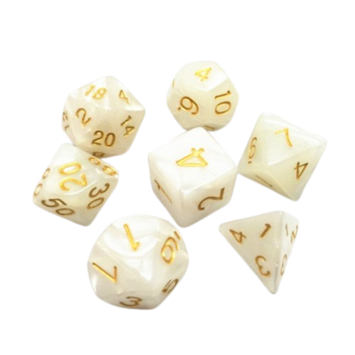 [608869b] Lot de 7 Dés – 16mm- Blanc nacré et or