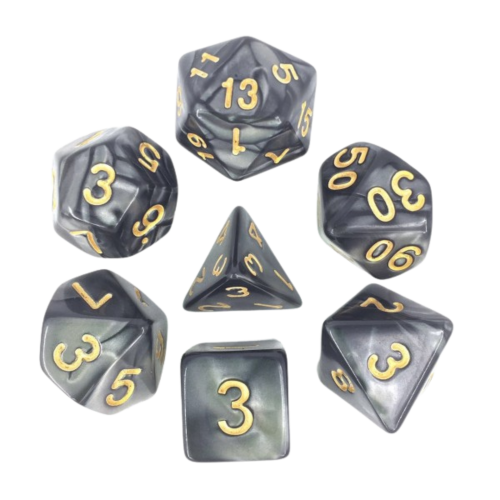 [608869c] Lot de 7 Dés – 16mm- Noir nacré et or