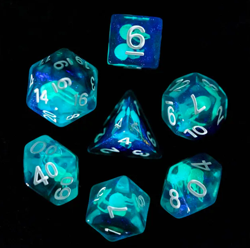 [EFD0064] Lot de 7 Dés Resine Polyédriques - Méduse (Phosphorescent)